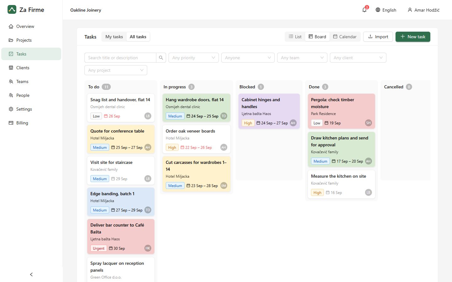 A task board with columns for each status