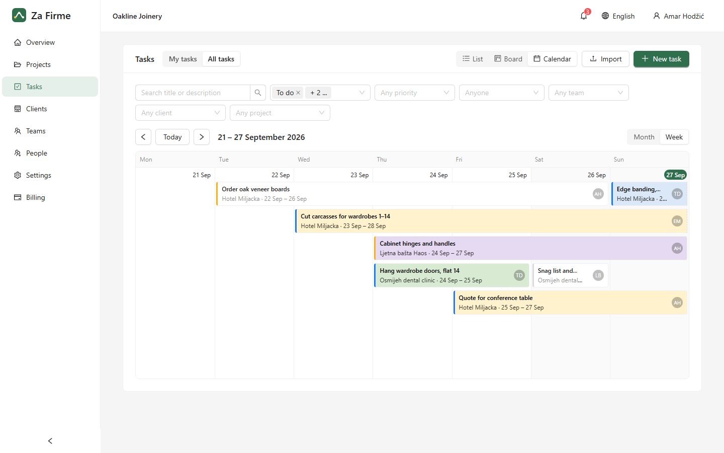 A calendar with tasks drawn as bars across days