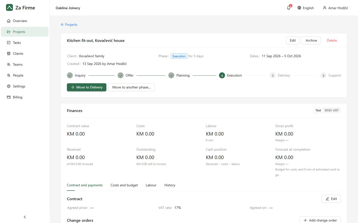 A project page with its phase history and tasks